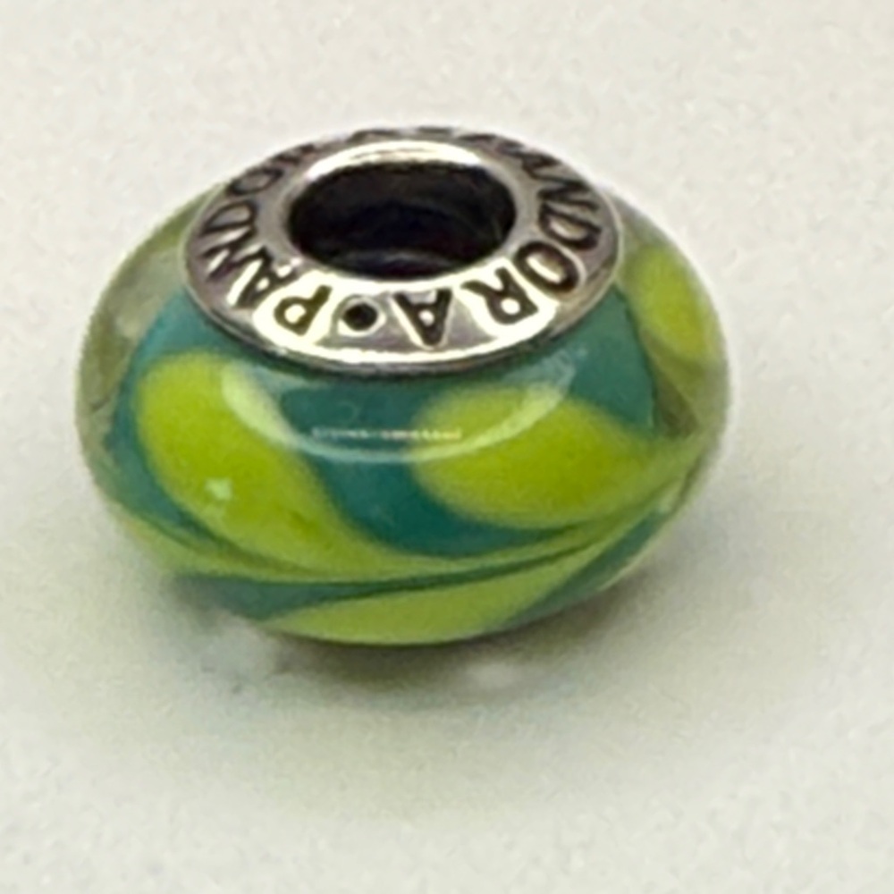 Authentic Pandora Green & Blue Swirl Murano Glass Charm – Threaded – Retired